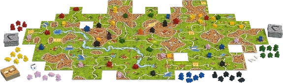 Carcassonne társasjáték kiterjesztett lapkártyával és színes játékfigurákkal